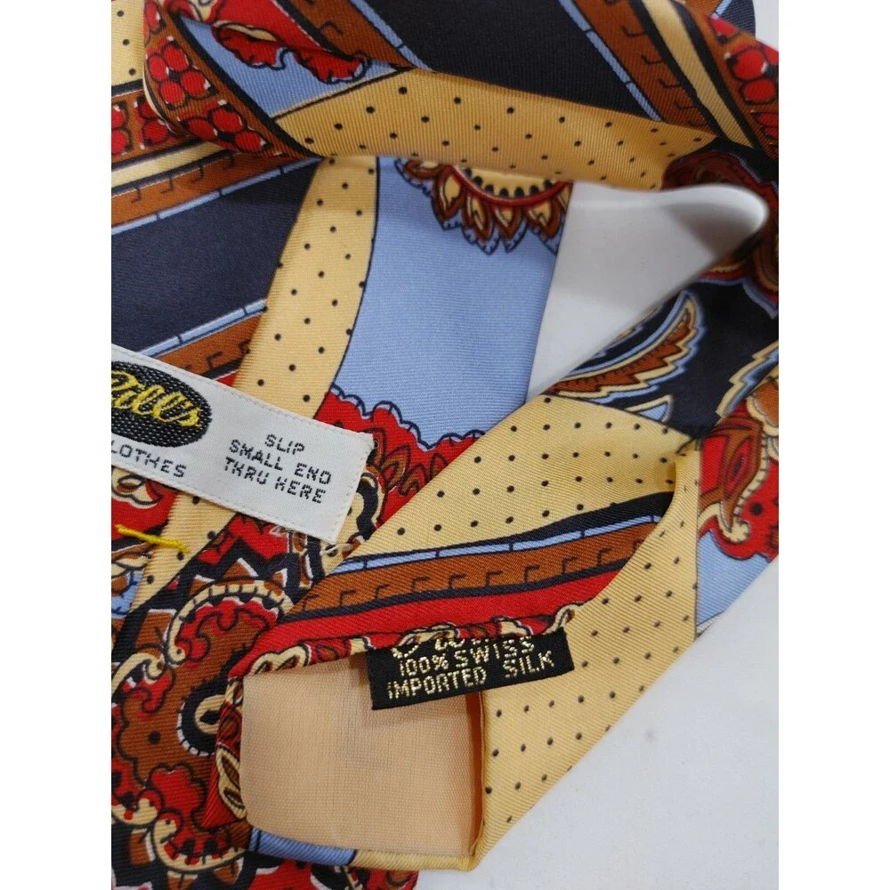 Vtg 70s Wide Silk Tie Bill's Clothes Psychedelic Paisley Swiss Silk Red Gold 4